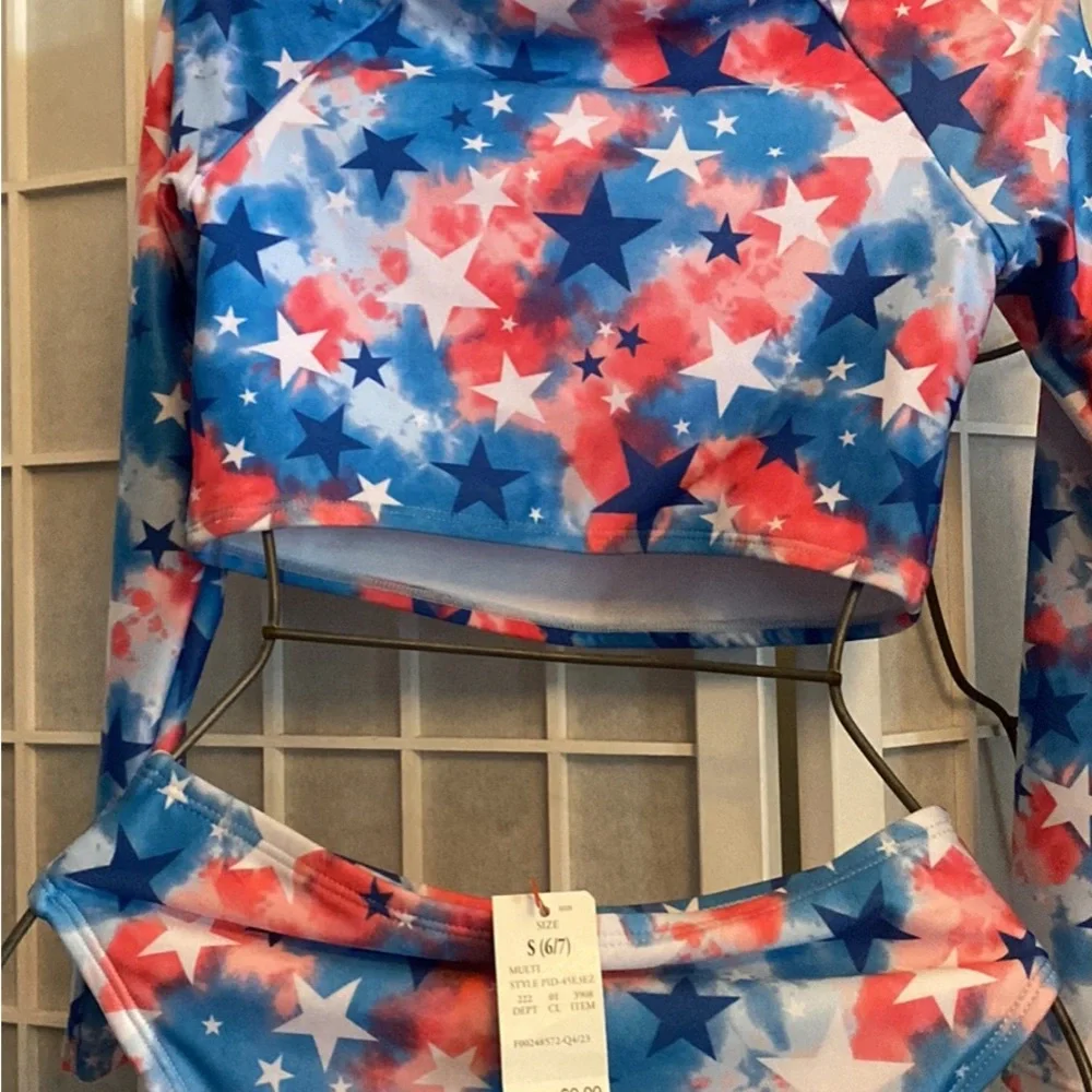 Kids Two-Piece Long Sleeve Swim Set - Patriotic Star Print (Blue & Red)
